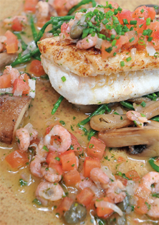 Sole with mushrooms, samphire and brown shrimp butter sauce